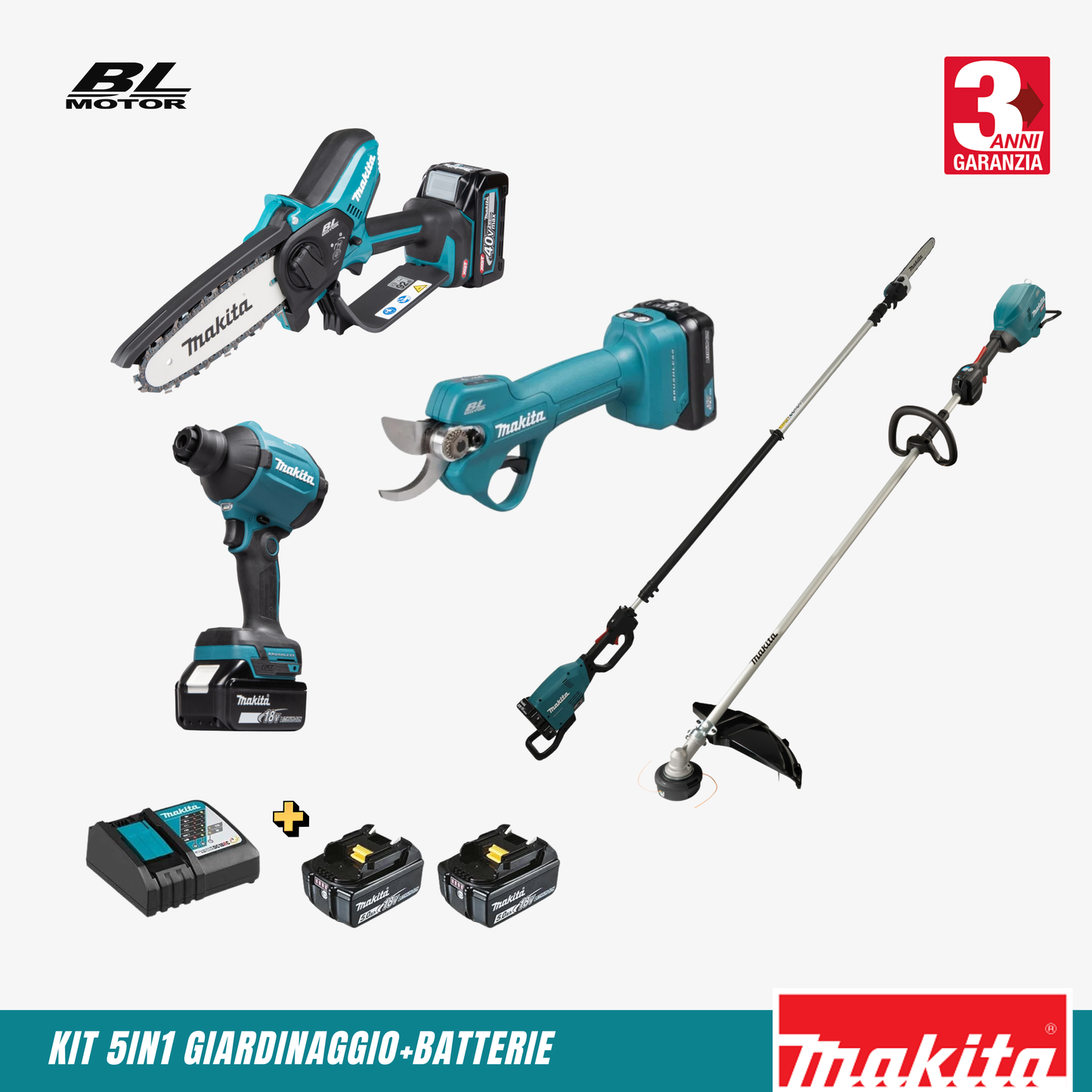 Kit 5in1 Makita: Potatore a Catena + Decespugliatore + Forbici elettriche + Soffiatore + Asta Telescopica
